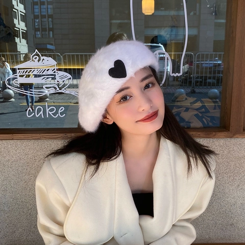 Women Plush Beret Hat Sweet Heart Embroidery Faux Rabbit Fur Warm Winter Painter Artist Cap Soft Elegant Accessory