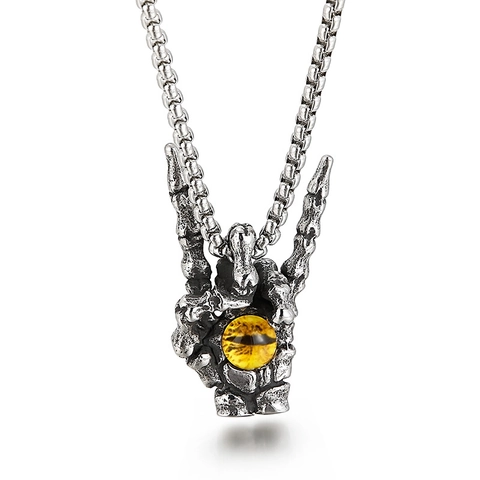 Ciondolo Mano Di Scheletro Gesto Rock Con Piedra Occhio Di Tigre Gialla Gioielli In Acciaio Inossidabile Gotico Vintage Per Uomo Stile Punk