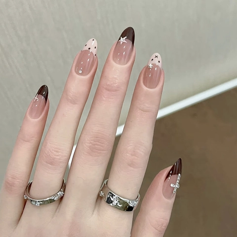 Kunstnagels Press On French Tip Cat Eye Rhinestone Kruis Ster Bruin Roze Zoet Cool Amandel Lange