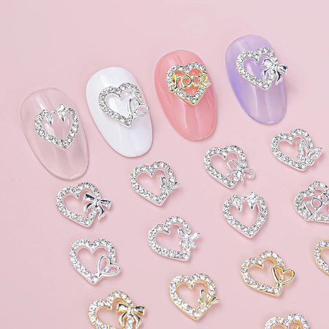 Heart Bow Nail Art Charms Alloy Rhinestone Decoration DIY Valentines Day Sweet Style Accessories