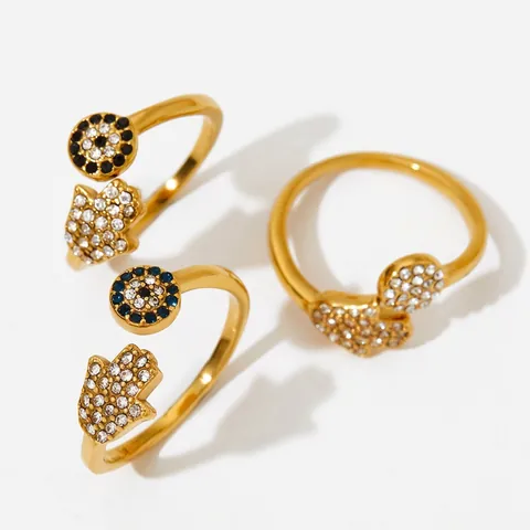 Anillo Mano Di Fatima Occhio Del Diavolo Acciaio Inossidabile Placcato Oro Strass Regolabile Moda Boho Per Donna
