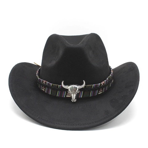 Western Cowboy Hat Suede Polyester Felt Wide Brim Vintage Ethnic Style With Steer Skull Metal Ornament For Men Women