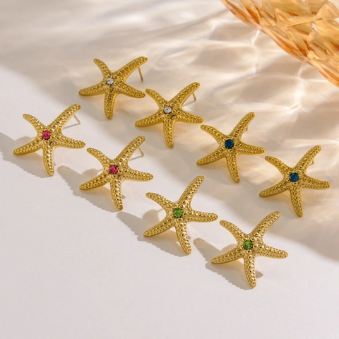 Starfish Stud Earrings Stainless Steel 14K Gold Plated Ocean Sea Star Shape With Zircon INS Style Jewelry For Women