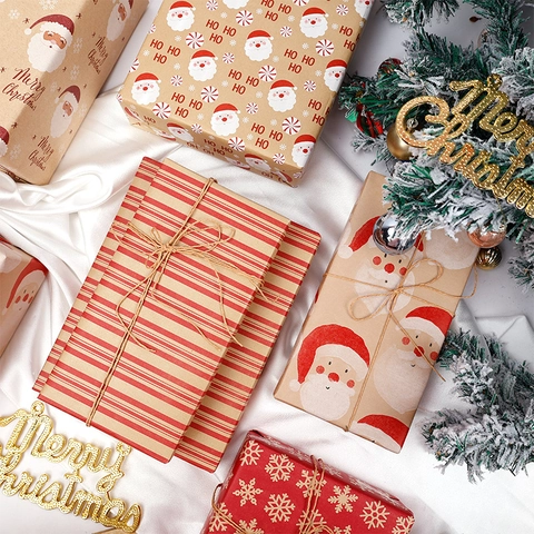 Christmas Gift Wrapping Paper Kraft Paper Santa Snowflake Stripe Pattern Holiday Party Gift Packaging Large Red