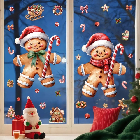 Christmas Gingerbread Man Window Clings Candy House Festive Party PVC Static Stickers For Glass Decor Christmas Decorations