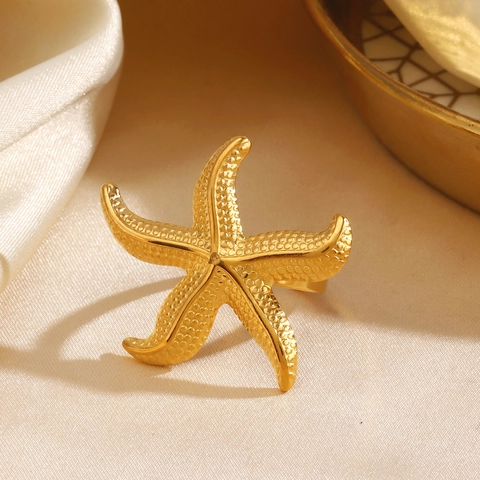 Seestern Ring Offen Edelstahl Vakuum Vergoldet Texturierter Meeresstern Strand Ozean Schmuck Für Damen