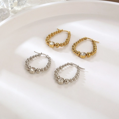 French Vintage Stainless Steel Beaded Hoop Earrings For Women Western Fashion Geometric Rhinestone Inlaid Huggie Earrings Jewelry