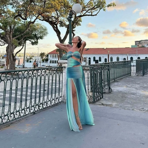 Abito Lungo In Mesh Sfumato Da Donna Tubino Cutout Spacco Alto Decorazione Stella Marina Spiaggia Vacanza Estate Arricciato