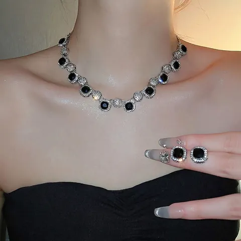 Gioielli Collana Orecchini Quadrato Geometrico Lega Strass Pietra Nera Con Perno Argento Vintage Lusso Donna