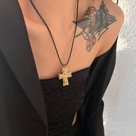 Kruis Hanger Ketting 18K Verguld Roestvrij Staal Ingelegde Zirkoon Vintage Barok Stijl Zwarte Touwketting Sieraden