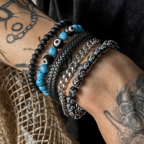 Hip Hop Beaded Bracelets Cuban Chain Evil Eye Turquoise Beads Cross Pattern Braided Rope Trendy Men Fashion Jewelry