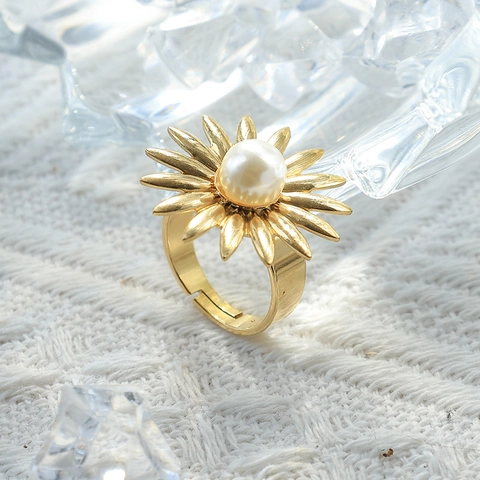 Bagues Vintage en Acier Inoxydable Fleur Rayon de Soleil Plaquées Or Ajustables Émail Vert Bleu Pierre Précieuse Bijoux de Fête Femme