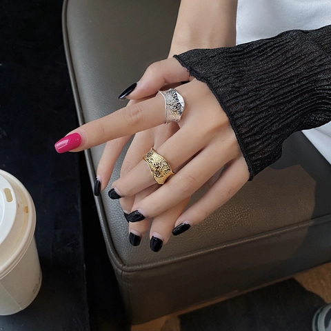 925 Sterling Zilveren Gehamerde Textuur Ring Verstelbare Open Brede Band Onregelmatige Minimalistische Sieraden