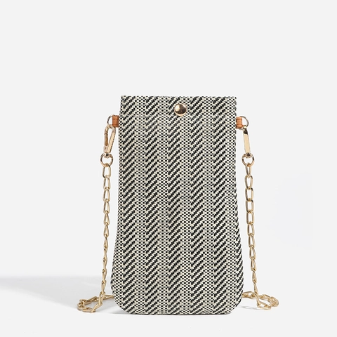 Woven Phone Crossbody Bag For Women Straw Herringbone Vertical Mini Shoulder Purse With PU Strap Or Metal Chain
