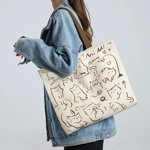 Women Large Capacity Canvas Tote Bag Cartoon Print Aesthetic Shopping Handbag For Students Casual Shoulder Bag