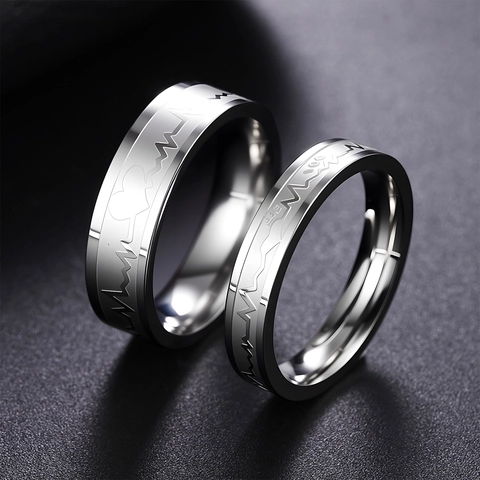 Bague Vague Battement De Coeur EKG Acier Inoxydable Pouls Coeur Montagne Gravé Poli Bijoux Pour Couples Hommes Femmes