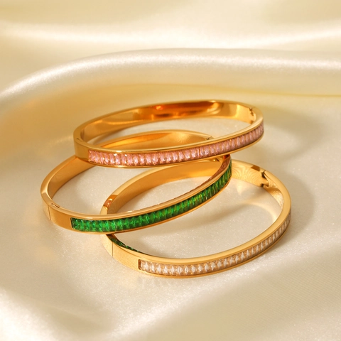 Bracelet Jonc En Acier Inoxydable Plaqué Or 18K Style INS Pour Femmes Avec Incrustation De Zircon Rectangulaire