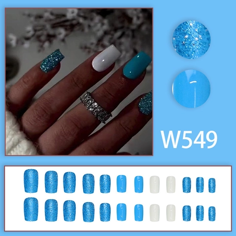 Unghie Finte Press On Blu Glitter Blu Cielo Bianco Tinta Unita Corto Quadrato Tondo Chic Manicure Fai Da Te Per Donne