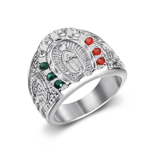 Hip Hop Men Stainless Steel Religious Ring Virgin Mary Signet Gold Silver Color Rhinestone Inlaid Gothic Punk Jewelry Gift