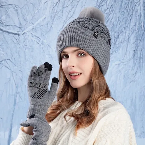 Berretto Invernale E Guanti Touchscreen Donne Acrilico Maglia Foderato In Pile Pompon Caldo Esterno Tempo Freddo