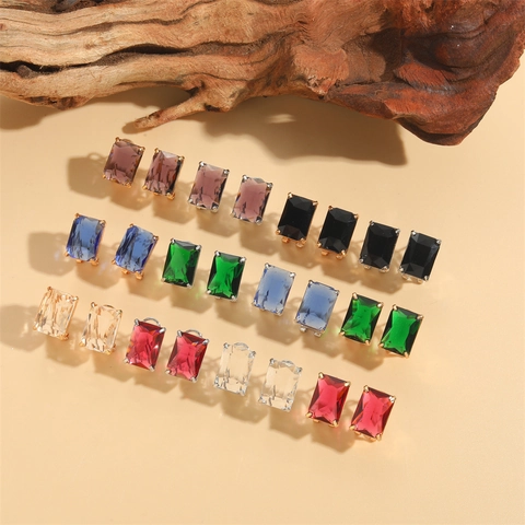 Square Crystal Zircon Stud Earrings Emerald Cut Copper Metal Minimalist Elegant Jewelry For Women