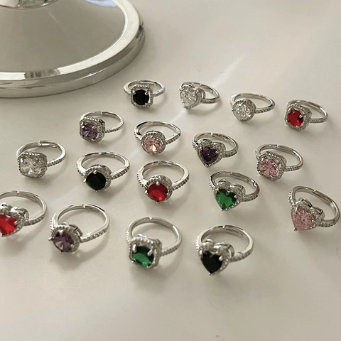 Women Colored Zirconia Copper Open Adjustable Ring Heart Square Round Halo Light Luxury Engagement Wedding Finger Jewelry