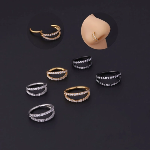 Stainless Steel Double Row Cubic Zirconia Seamless Hinged Nose Ring Hoop Piercing Jewelry Unisex Fashion Punk Clicker