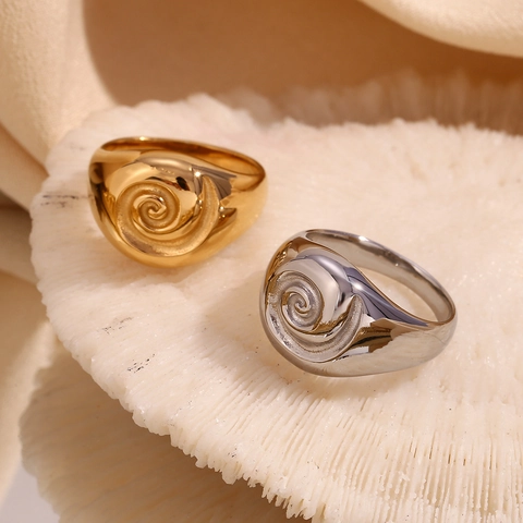 Edelstahl Wirbel Siegelring 18K Vergoldet Retro Spirale Textur Rundes Gesicht Mode Schmuck Für Frauen