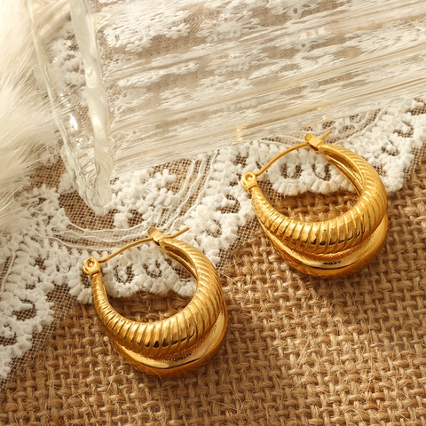 Pendientes de Aro Geométricos en Forma de U de Acero Inoxidable Chapados en Oro Vintage Con Textura Trenzada para Mujer