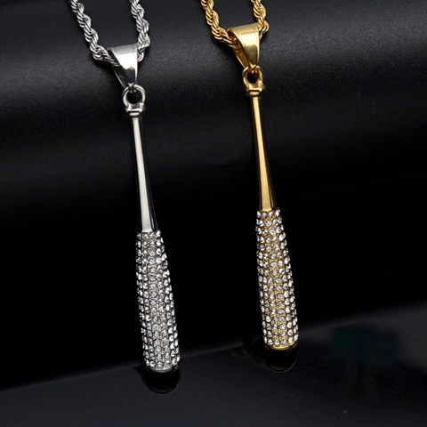 Collier Pendentif Batte De Baseball Hip Hop Avec Strass Acier Titane Style Sport Bijoux Tendances Pour Hommes