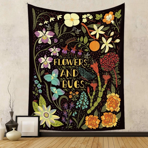 Tapiz De Pared Estético Botánico Flor Insecto Polilla Vintage Negro Tela Decoración Dormitorio