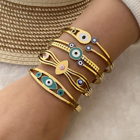 Evil Eye Edelstahl Armreif Armband Vergoldet Retro Tropfendes Öl Emaille Hohlstern Design Schmuck Für Damen