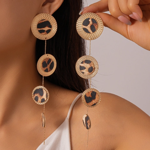 Pendientes Largos Colgantes Estampado Leopardo Cuero Geométrico Redondo Texturizado Dorado Con Poste De Acero Inoxidable