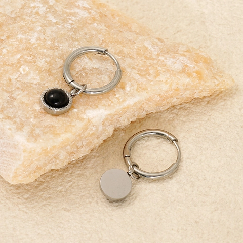 Stainless Steel Hoop Earrings Black Round Natural Stone Pendant Rope Textured Edge Retro Geometric Jewelry For Women