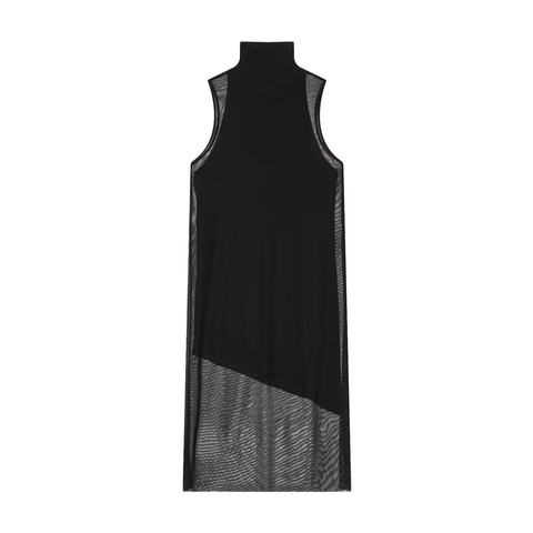 Damen Ärmelloses Maxikleid Mit Stehkragen Mesh-Patchwork Elegant Slim Fit Bodycon Asymmetrischem Saum Chic Schwarz