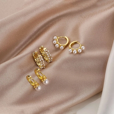 Artificial Pearl Hoop Earrings 18K Gold Plated Copper Micro Pave Zircon Baguette Cut French Style For Women Elegant Huggie Jewelry