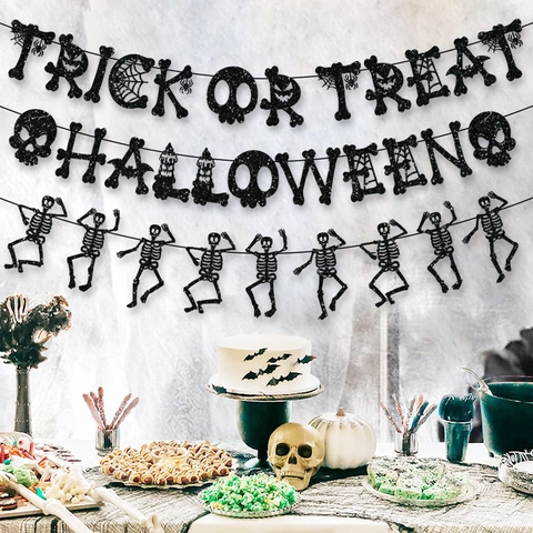 Halloween Banner Schwarz Glitzer Papier Trick Or Treat Halloween Girlande Skelett Hängende Dekoration Gruselige Party Heim