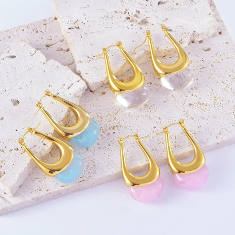 Orecchini Pendenti A Forma Di U Vintage Francese Acciaio Inossidabile Pendente Ovale In Resina Gioielli Eleganti Per Donne
