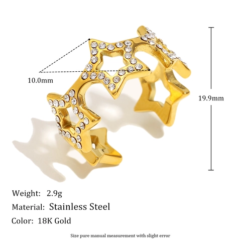 Ster Open Ring Roestvrij Staal 18K Verguld Zirkonia Hol Pentagram Verstelbare Vinger Sieraden Voor Vrouwen Mode