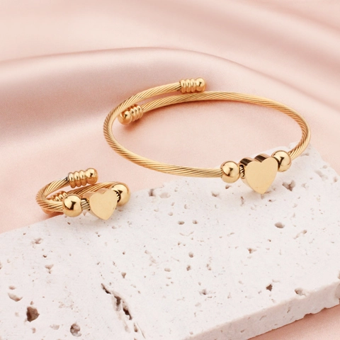 Heart Shaped Stainless Steel Twisted Cable Wire Bracelet And Open Ring Adjustable Women Jewelry Fashion