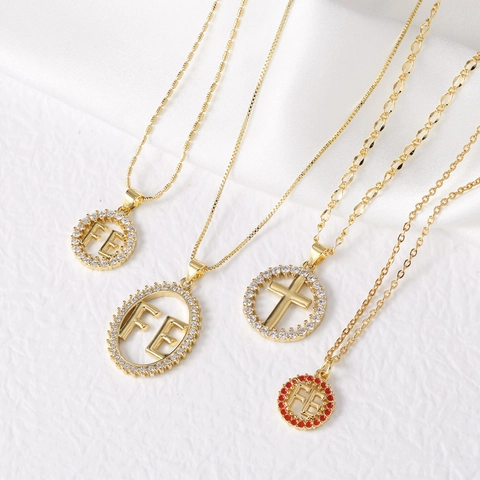 Copper Gold Plated Pendant Necklace With Cubic Zirconia Cross Letter FE Design Fashion Jewelry
