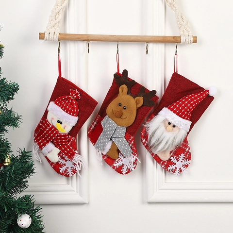 Weihnachtsstrümpfe Geschenktüten Roter Leinenstoff 3D Weihnachtsmann Schneemann Rentier Hängende Deko Weihnachtsfeier