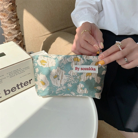 Jacquard Bloemen Cosmetische Tas Mini Draagbare Canvas Lippenstift Zakje Reis Make-up Organizer Voor Dames