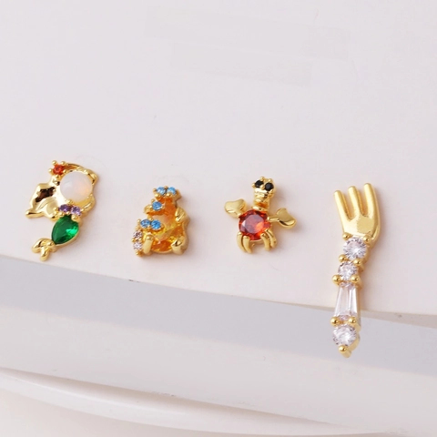 Mermaid Fish Crab Fork Stud Earrings Brass With Colorful Cubic Zirconia Cartoon Cute Jewelry For Women