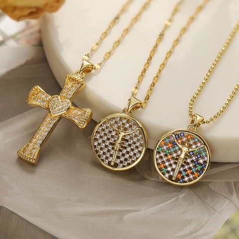 Koperen Vergulde Jezus Kruis Hanger Halsketting Voor Vrouwen Retro Religieuze Zirconia Ingelegde Ketting Sieraden