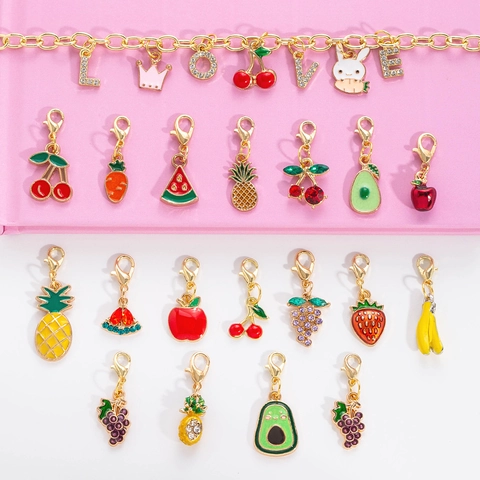 Ciondoli Frutta Pendenti Gioielli DIY Lega Smalto Strass Con Chiusura A Moschettone Ciliegia Fragola Anguria Per Bracciale
