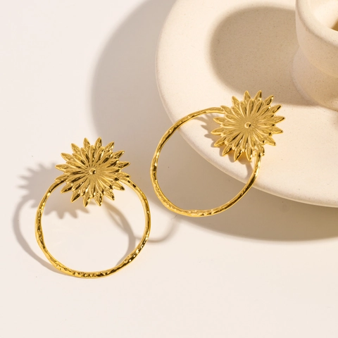 Sunflower Flower Hollow Round Hoop Earrings Stainless Steel 14K Gold Plated Textured Design Fashion Jewelry For Women