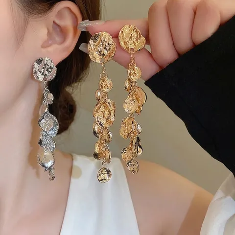 Onregelmatige Gehamerde Ronde Lange Kwast Oorbellen Met Zilveren Oorsteker Legering Chique Sieraden Voor Dames