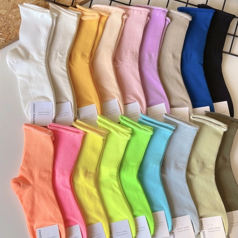 Women Korean Style Cotton Crew Socks Simple Solid Color Ribbed Mid-calf Socks Soft Breathable Casual Daily Autumn Winter Hosiery