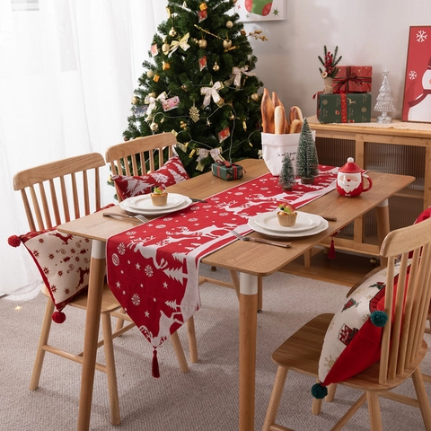 Chemin De Table Noël Renne Poinsettia Flocon De Neige Motif Polyester Coton Jacquard Avec Glands Décoration